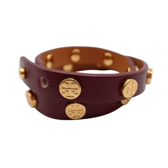 TORY BURCH Burgundy Leather Gold Tone Logo Stud Double Wrap Bracelet Red - Picture 2 of 6